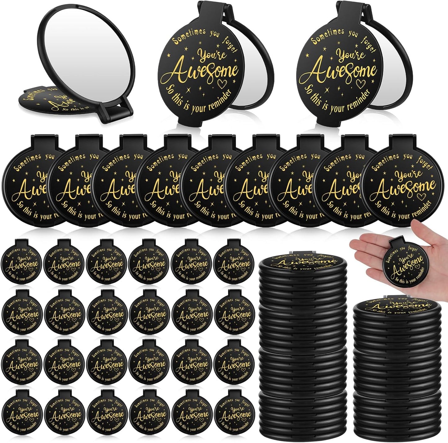 Inspirational Compact Mirror - 100 Pcs Mini Round Purse Mirrors for Women | Perfect Gifts for Mother's Day & Weddings (Black)