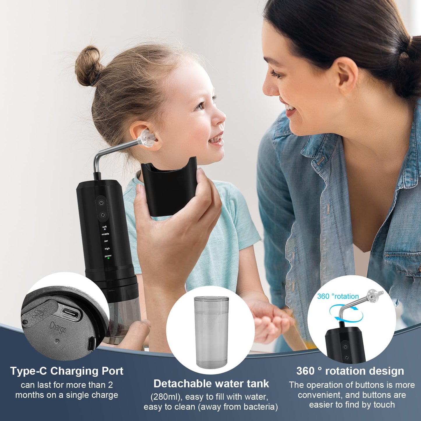 Ear Wax Removal, Electric Ear Irrigation Flushing System, Water Powered Ear Cleaner with 4 Pressure Modes, 6 Reusable Replacement Tips, Safe and Effective Ear Cleaning Tool for Adults (Black)