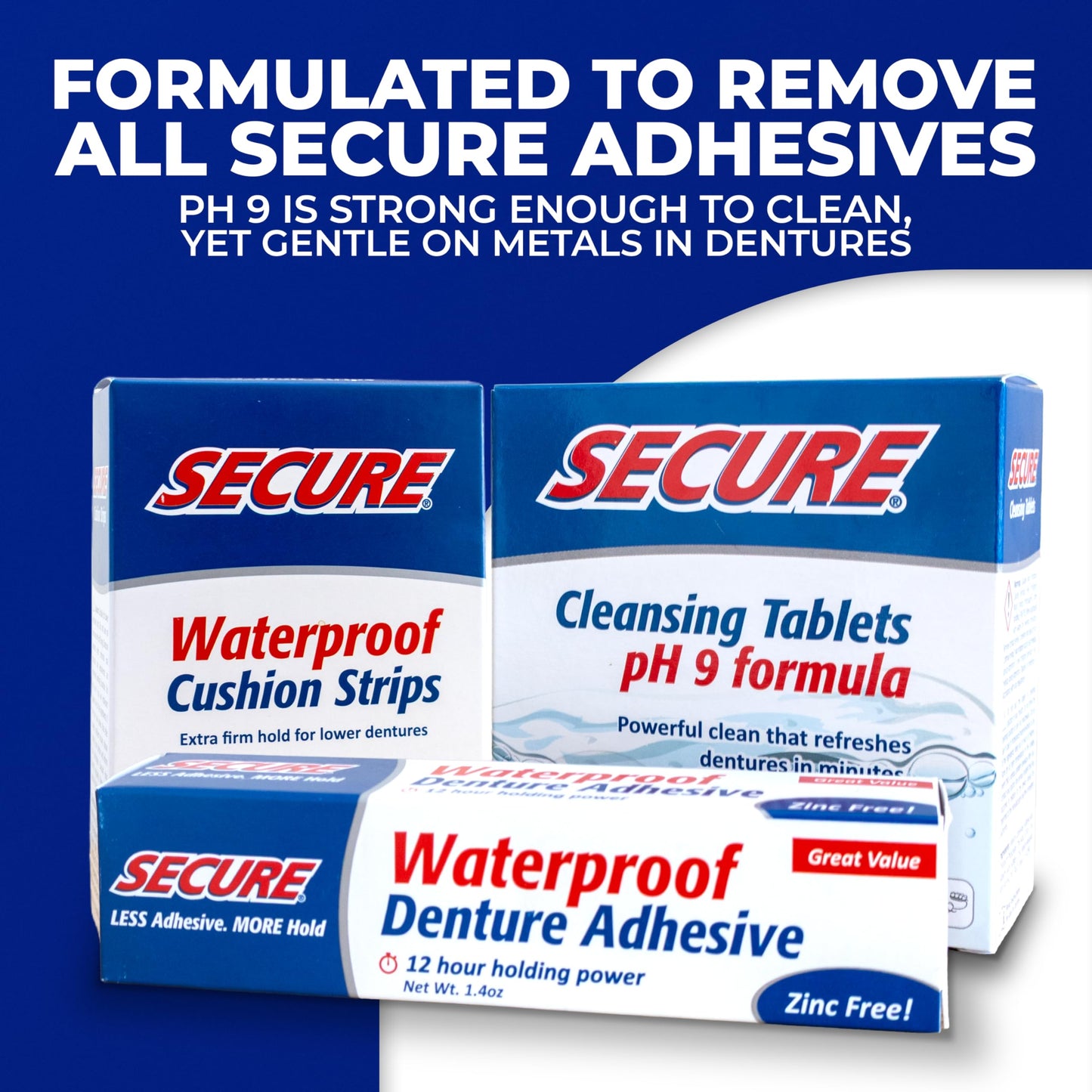 Secure Daily Cleansing Tablets - pH 9 Formula Thoroughly Cleans Dentures - Fights Odors, Stains & Germs - For Dentures, Nightguards, Retainers & Partials - 32 Tablets (3 Pack)