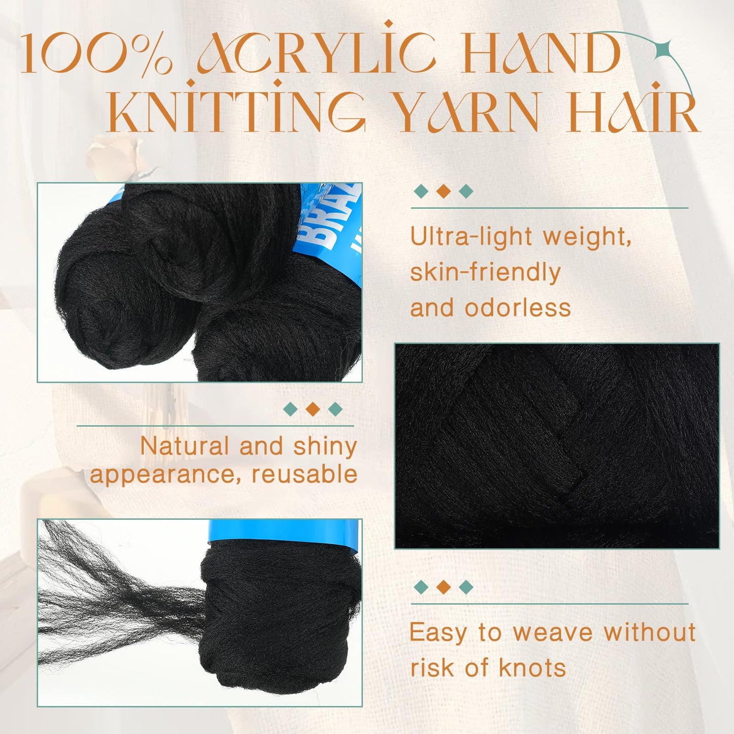 Knitgrip 16 Roll Natural Black Brazilian Wool Hair Acrylic Yarn for African Crochet Braiding Hair Senegalese Twisting Knitting Hair Braids Jumbo Braids Faux Locs Spiral Braids