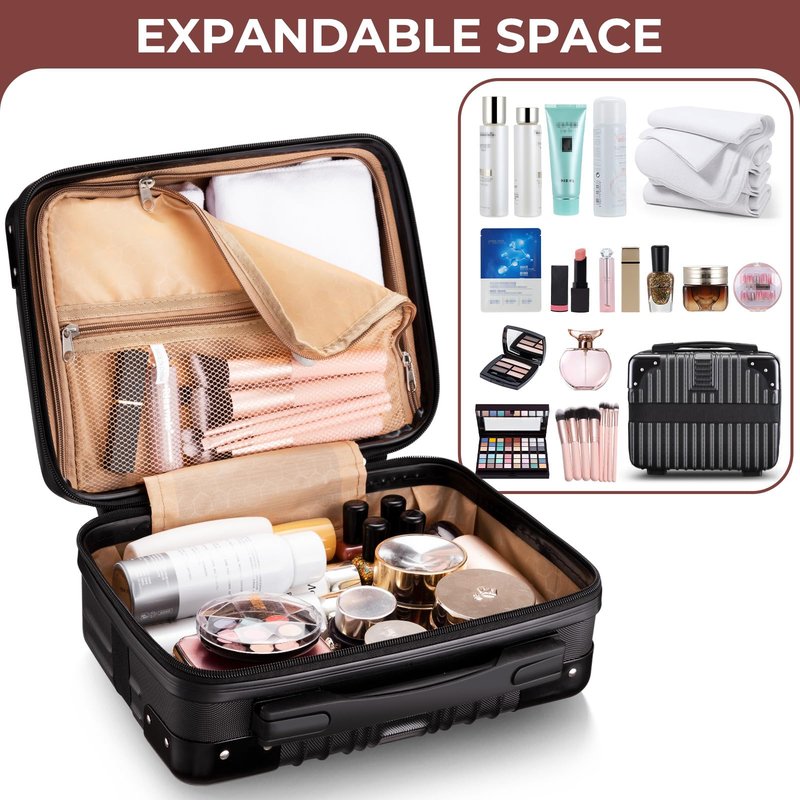 Noverlife 14in Hard Shell Makeup Travel Case, Portable Cosmetic Train Case with Elastic Band, Pressure-proof ABS Carrying Makeup Suitcase, Cosmetic Travel Hand Luggage Bag Organizer - Rose Gold