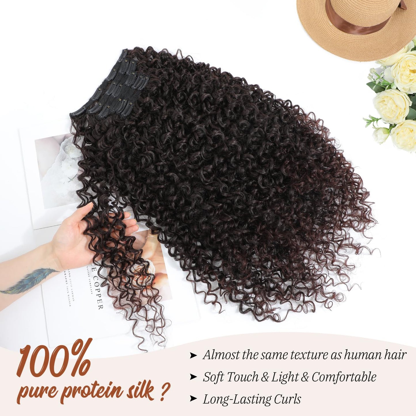 Curly Clip in Hair Extensions,Molefi 6PCS Curly Clip Ins for Women 20 Inch Deep Wave 100% Pure Protein Silk Hairpieces for Bridal Party Daily