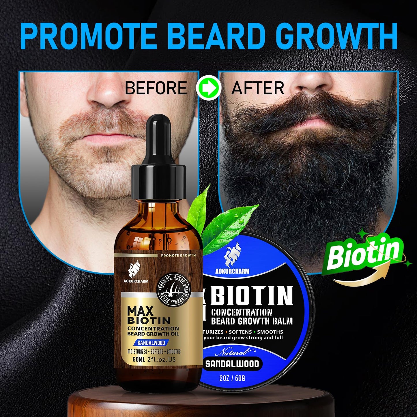 aokur 2 Pack Biotin Beard Growth Kit for Men – Sandalwood Beard Oil & Balm – Beard Care Set for Growth, Softening & Styling – Gift for Father’s Day & Christmas