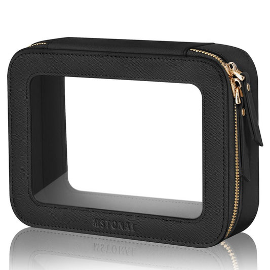 MSTONAL Clear Makeup Bag, Travel Toiletry Bag Cosmetic Case for Women, Waterproof Portable Make Up Skincare Pouch with Zipper, Compact Car Organizer Bag for Essentials, Medium Size, Black