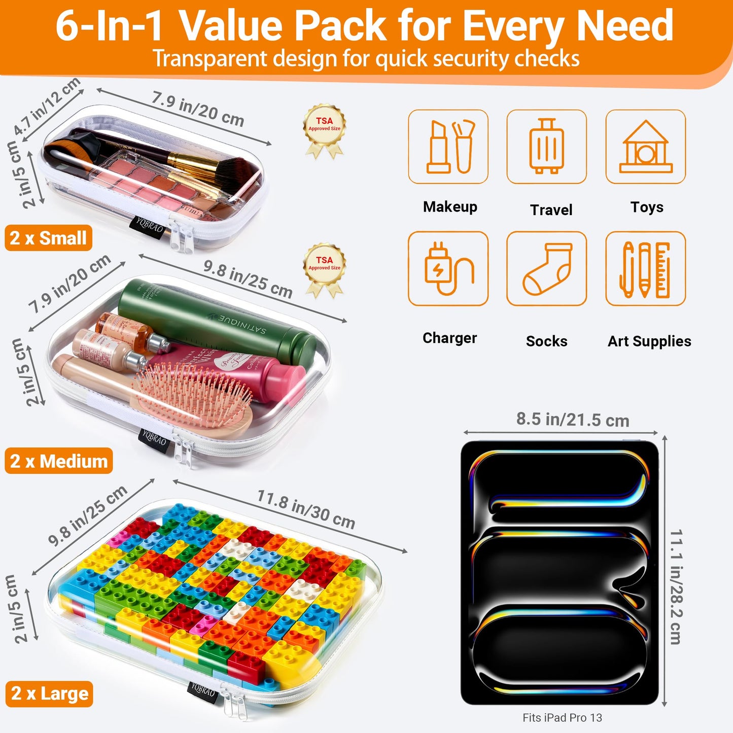 YQBRAO 6 Pack Clear Hard Shell Zipper Case, 1.2mm Heavy Duty Crush-Proof Diaper Bag Organizer Pouches, TSA Approved Travel Makeup Bag for Toiletries & Electronics, (2L, 2M, 2S) Multi-Size Storage Set