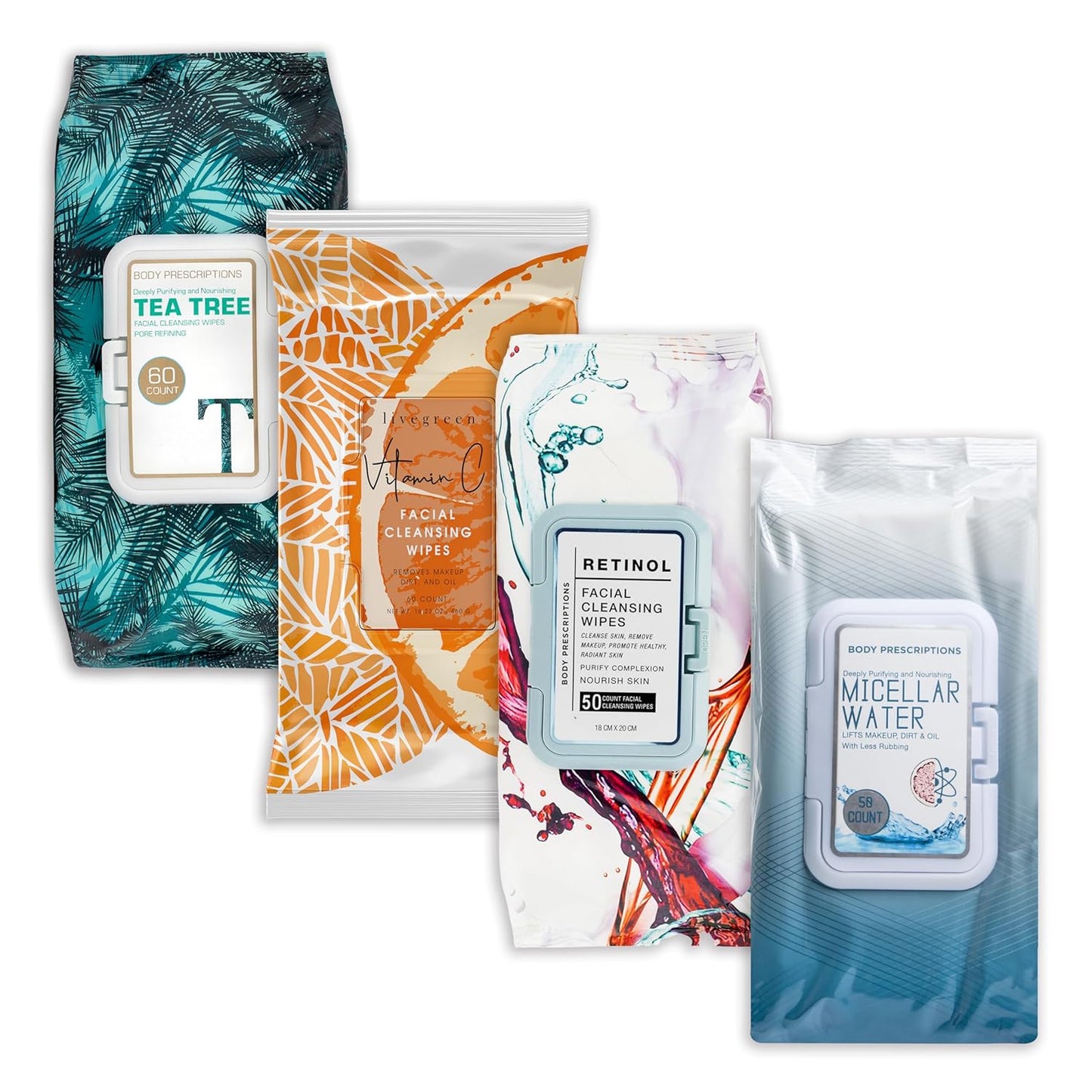 Body Prescription Makeup Cleansing Wipes - Gentle Face Wipes with Tea Tree & Vitamin C | 50 Count Pack of 4