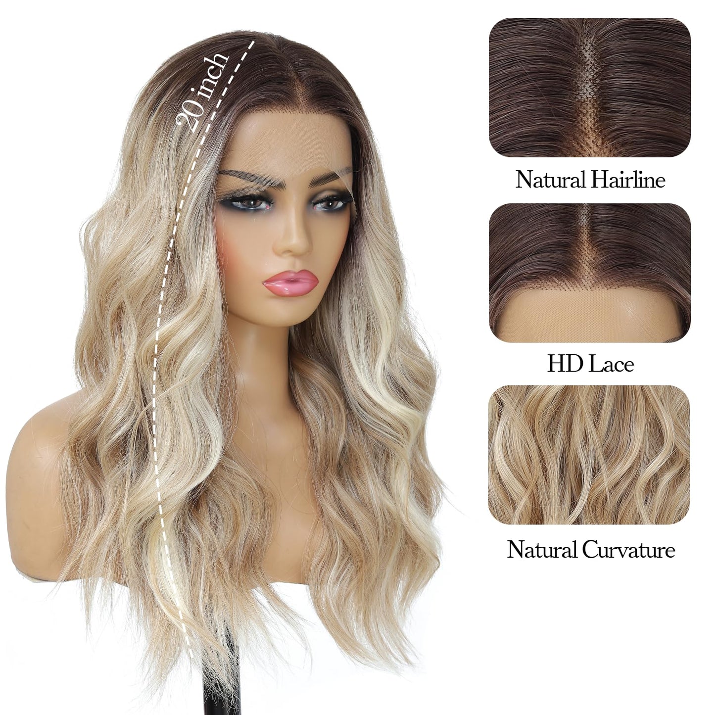 LuxeMelan Ash Blonde Balayage Blonde Lace Front Wig, Middle Part 20 Inch HD Lace Wig, Dark Brown to Golden Blonde Highlight M Hairline Natural Fit Natural Wavy Ombre Synthetic Heat Resistant Fiber