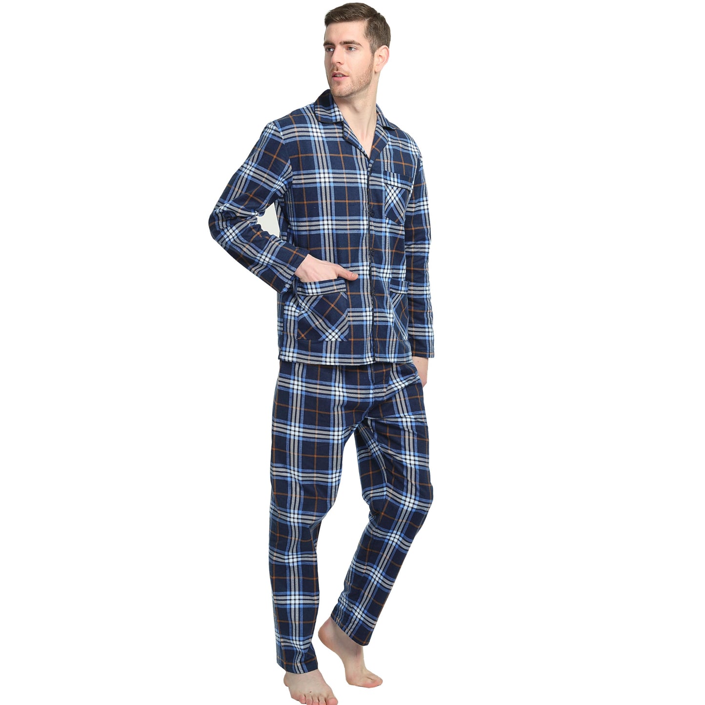 GLOBAL Men's Pajamas Sets 100% Cotton Flannel Sleepwear Long-Sleeve top & Bottom