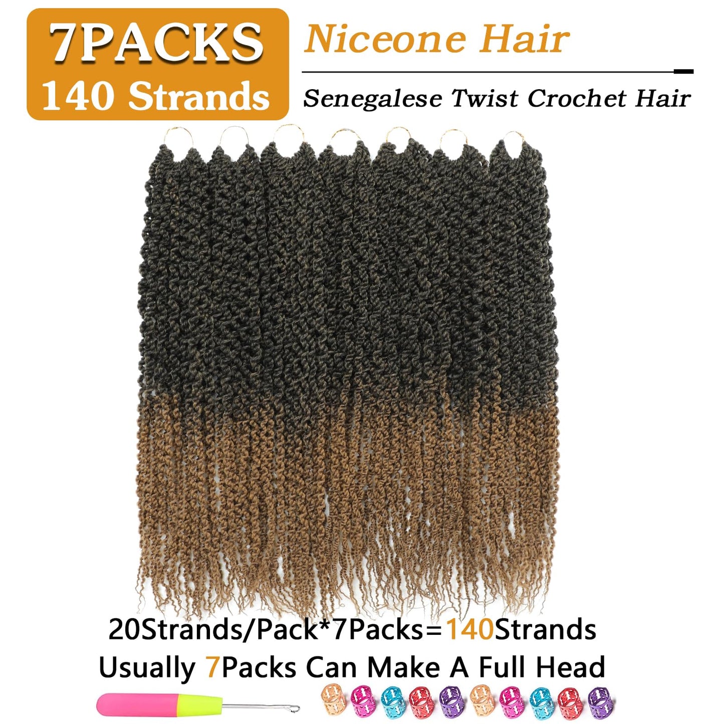 Curly Senegalese Twist Crochet Hair Pre-looped 7 Packs Small Twist Crochet Hair for Women 140 Strands Senegalese Twists Hair with Straight Ends Synthetic Crochet Braids(T350,14 Inch)