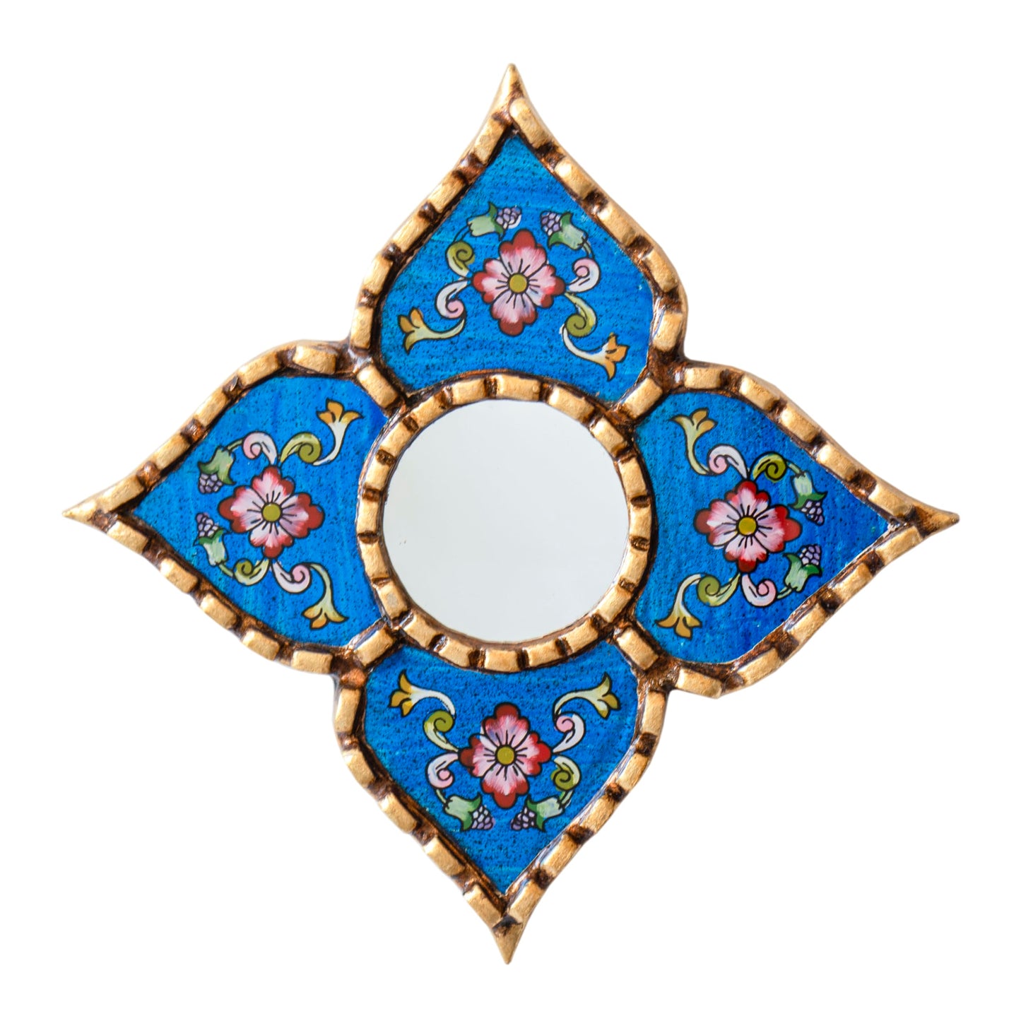 DecorContreras Peruvian Painted Glass Mirror with Bronze Leaf Framed - Handmade Diamond Mirror 6in for Gallery wall (Blue)