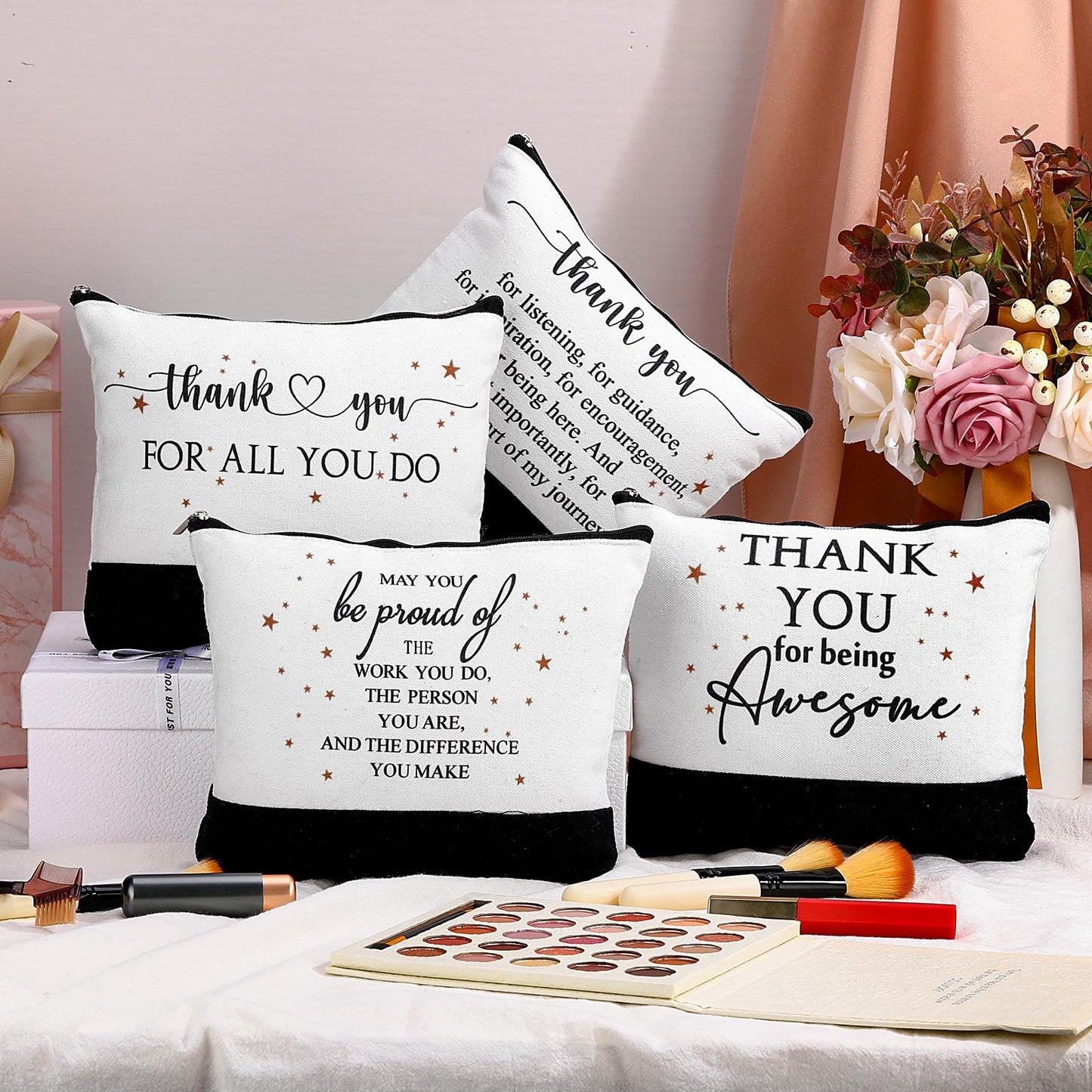 Cunno 30 Pcs Employee Appreciation Gifts Inspirational Canvas Makeup Bags Bulk Cosmetic Pouch with Zipper Travel Toiletry Organized for Women Coworkers Staff, 6 Style(Classic)