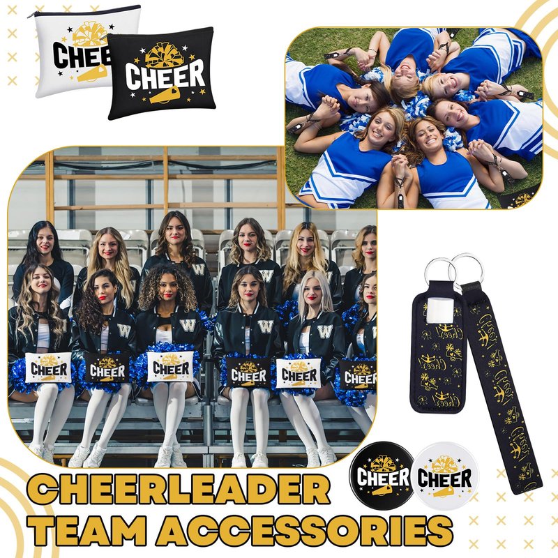 Sunnymove 60 Pcs Cheerleader Gifts Bulk Cheer Team Gifts for Women with Cheerleader Cosmetic Bags Makeup Mirror Bracelets Lipstick Holder Keychains Lanyard Cheer Team Party Favors(Black Gold)