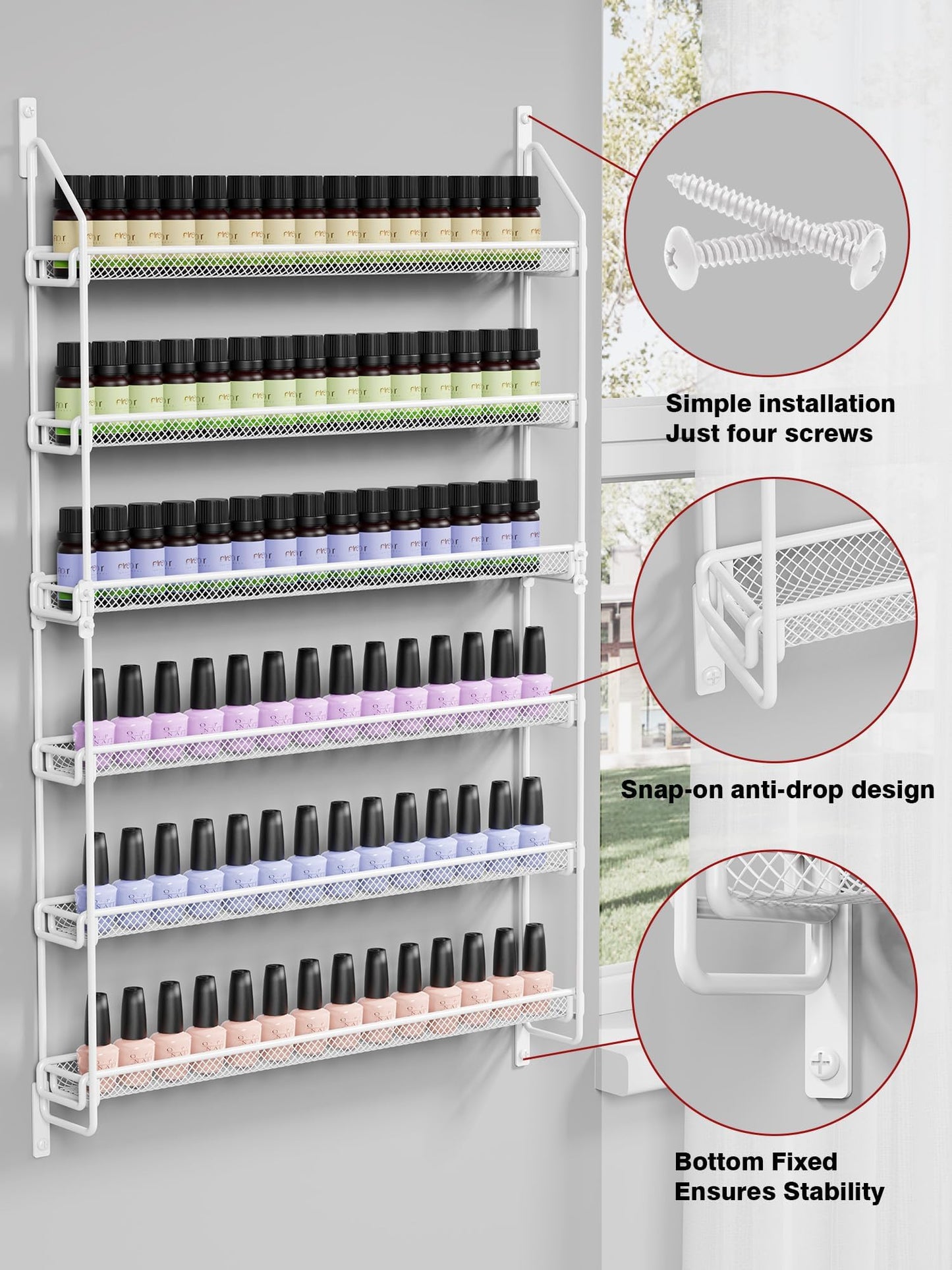 GIGIFTREE Nail Polish Organizer Wall Mounted, 6 Tier Metal Storage Rack Holds 90 Bottles, Multifunctional Organizer for Essential Oils Paint Perfume, White
