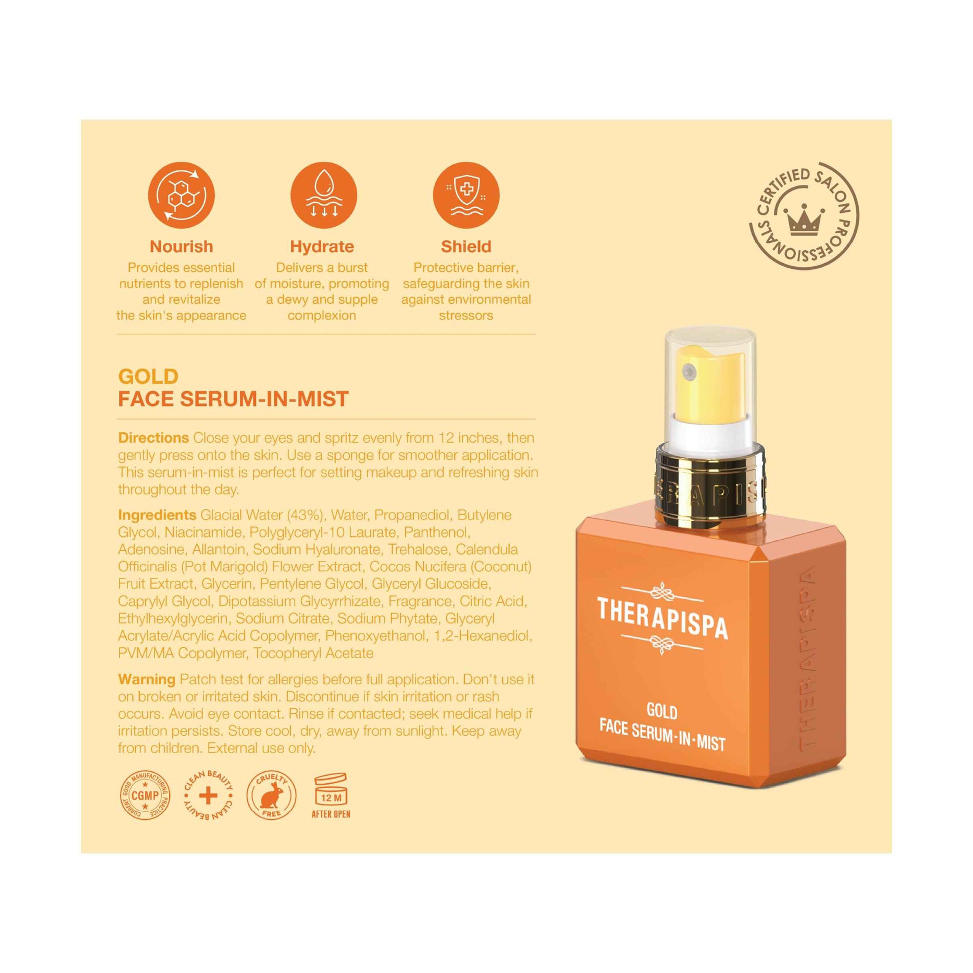 THERAPISPA Face Serum-In-Mist – Hydrating Face Mist & Spray Serum with Niacinamide, Panthenol & Hyaluronic Acid for Firming, Radiant Glow & Youthful Skin (Gold, 2.0 fl oz)