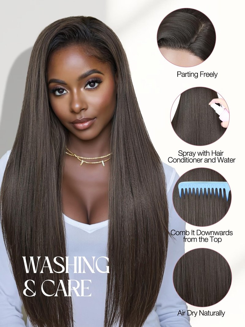 WIGER Copper Brown Straight Lace Front Wig Long 28 Inch Pre Plucked Hairline Wig for Women Natural Looking Synthetic Straight Wig for Daily Halloween Costume Party