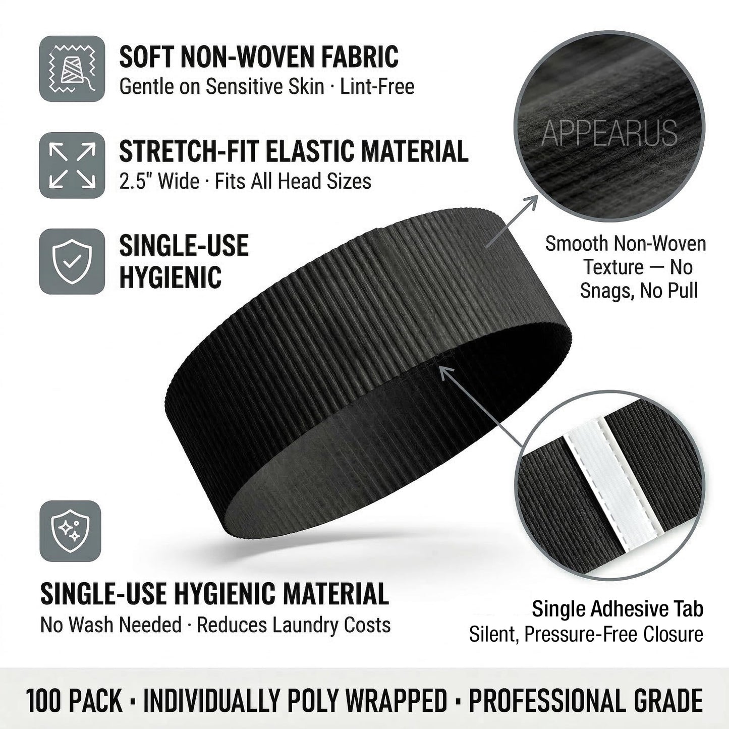 APPEARUS 100 Ct. Disposable Spa Facial Headbands with Convenient Closure (Black)