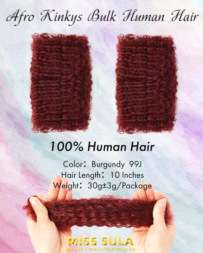 Afro Kinkys Bulk Human Hair Extensions,Kinky-Curly Real Human Hair for Dreadlocks/Locs Repair, Twist & Braid, Crochet Human Braiding Hair Bundles, Natural Burgundy, 10 Inches 2 Packs,99J#