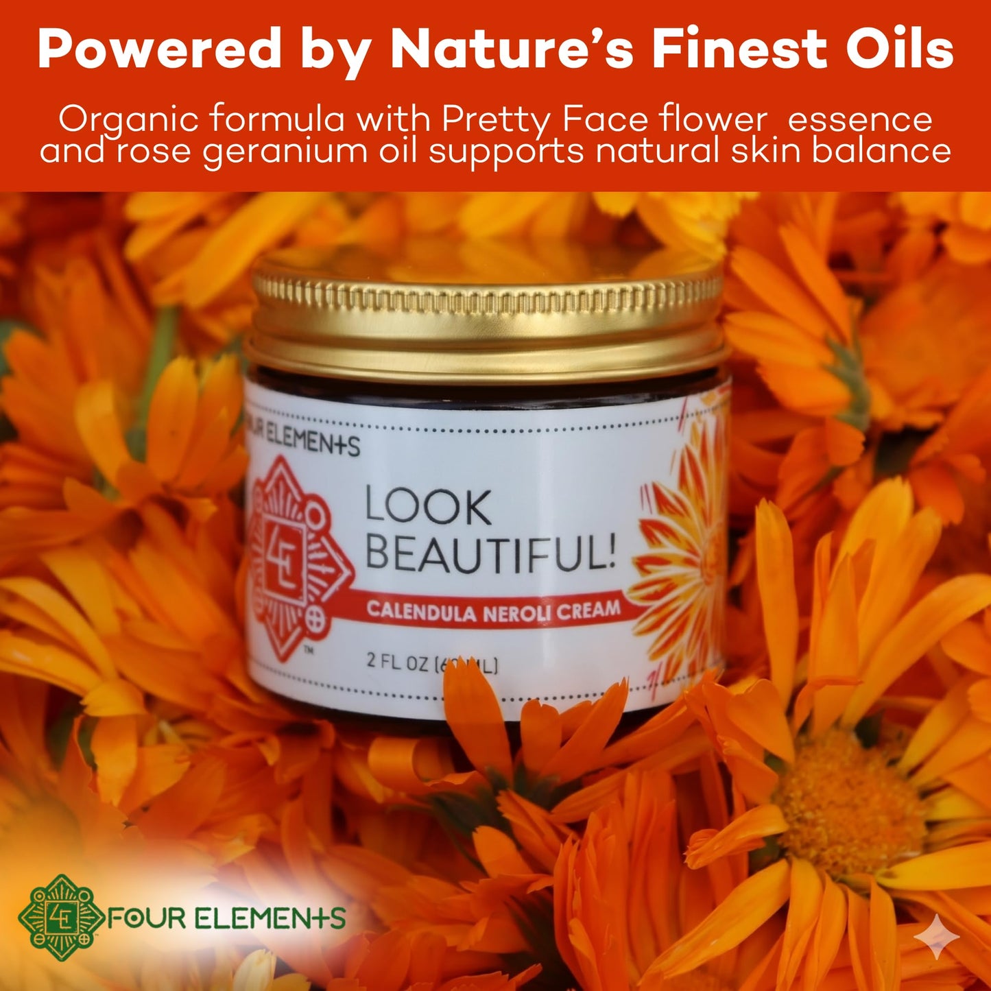 Four Elements 4E Calendula Neroli Cream 2 Oz | Organic Face Moisturizing Cream with Shea Butter & Essential Oils | Hydrating Skin care for Soft, Smooth Skin | Self-Care Gifts for Women