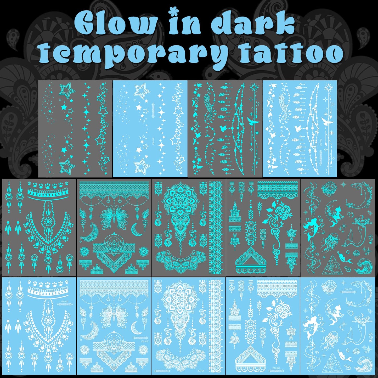 Casciybo Glow In The Dark Tattoo 7 Sheets for Women, UV Blacklight Reactive Face Temporary Tattoos for Adults Fake Flower Butterfly Waterproof Face Body Arm Tattoo, Night Glitter Party Supply