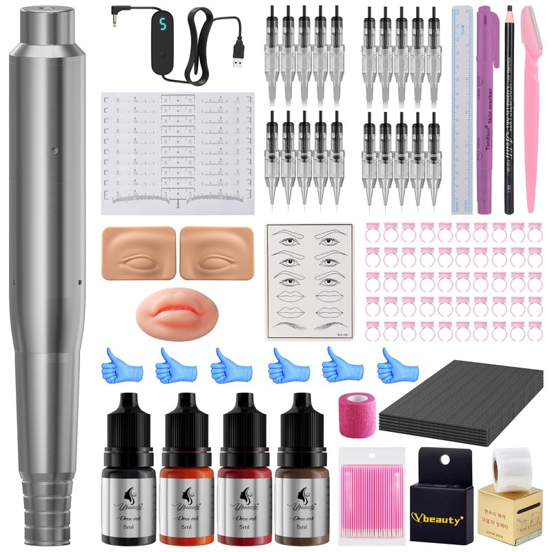 Microblading Tattoo Gun Kit for Beginners, YBEAUTY Complete Wired Tattoo Pen Set with 20Pcs Cartridge Needles for Eyebrow, Lip, Eyeliner, Makeup Supplies (Silver)