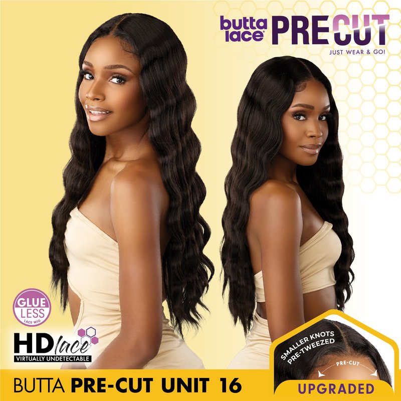 Sensationnel Butta Lace Precut Wigs - Unit 16 Glueless Extra Wide 5 Inch Deep Parting Synthetic Pre Tweezed Smaller Knot Hairline (1 JETBLACK)