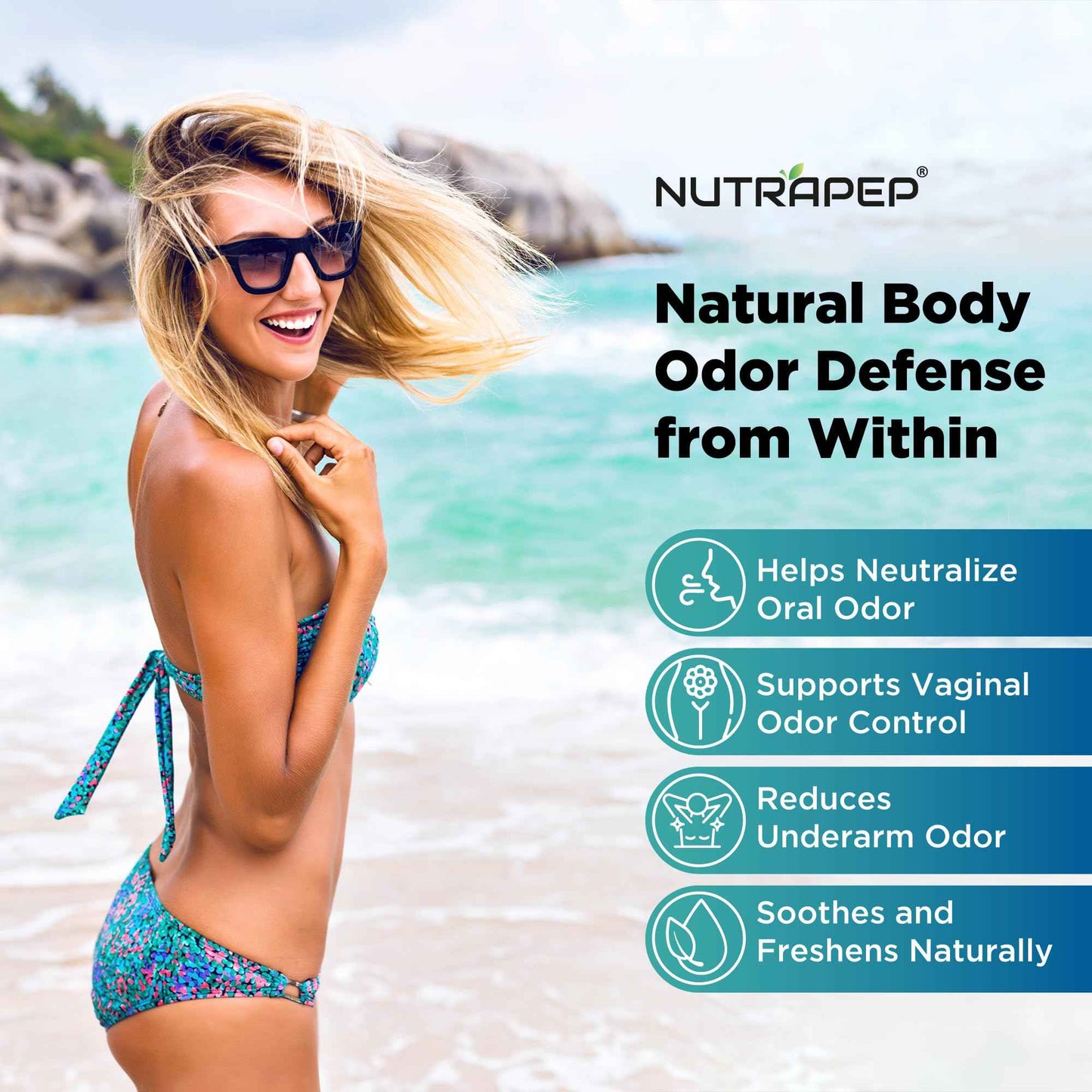 NutraPep Body Deodorizing Supplement - Odor Eliminator & Internal Deodorant Pills for Fresh Breath Skin Health & Detox - Full Body Deodorizer Capsules with Chlorophyll Complex Vitamins for Women Men