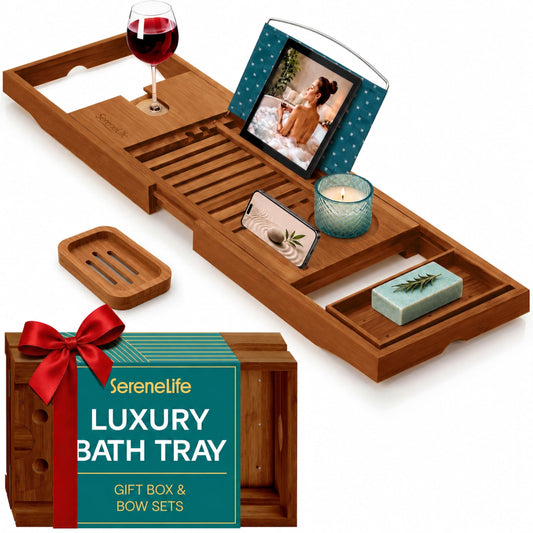 SereneLife Premium Bathtub Tray Caddy, Expandable Bath Tray, Unique House Warming Gifts, Gift for Mom, Women, New Home, Wedding, Anniversary, Bridal Shower, Universal Fit for All Tub - Brown, Gift Set