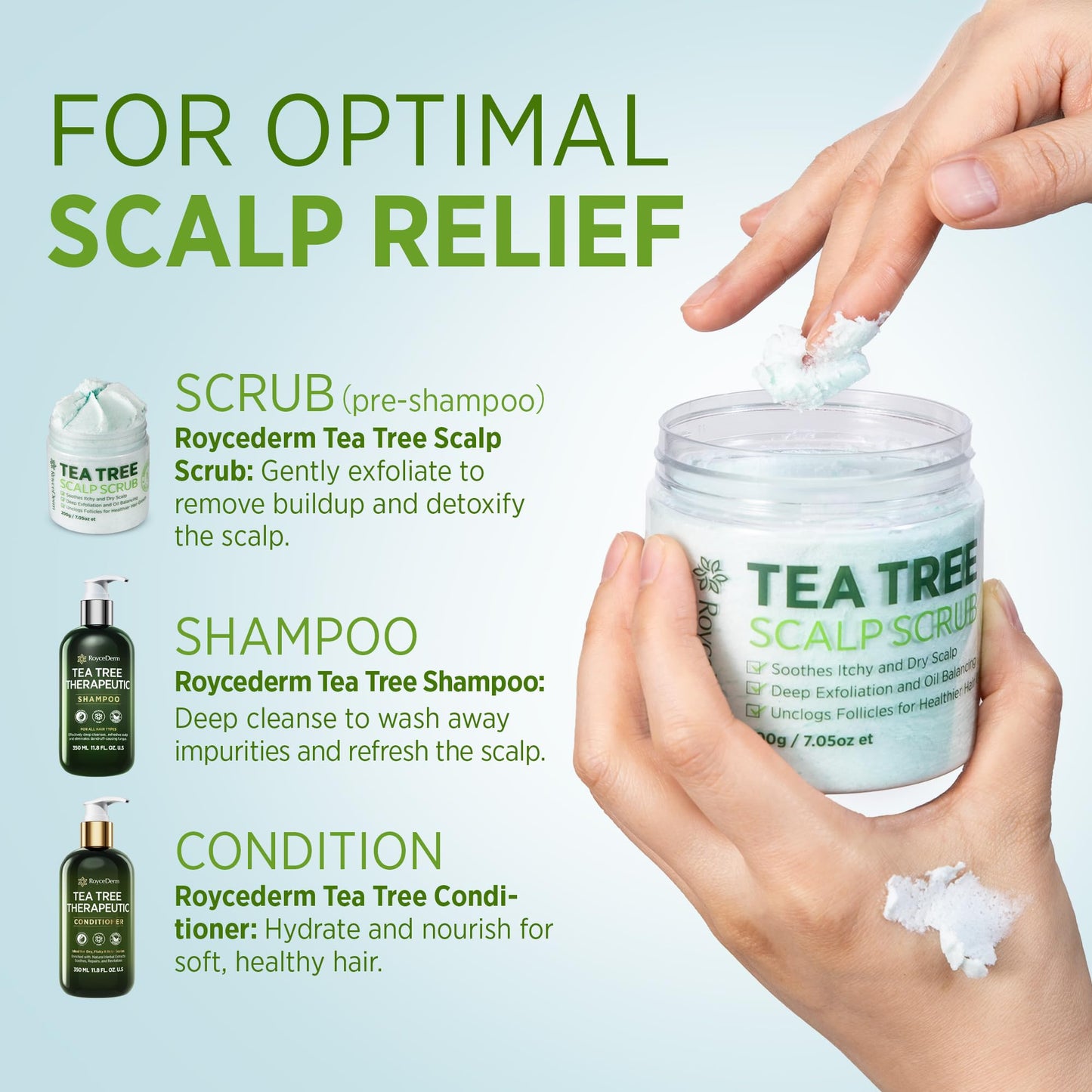 Roycederm Tea Tree Scalp Scrub with Scalp Massager Brush - Deep Cleansing & Exfoliating Pre-Shampoo Treatment for Dry, Flaky Scalp – Gently Refreshes, Hydrates & Balances Scalp