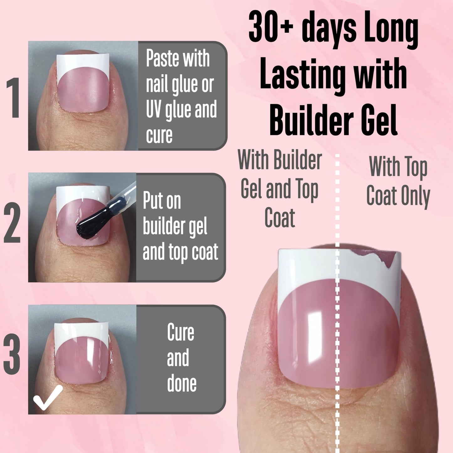 NOVO OVO Press on Toenails, Toe Nail Press ons for Women, White French Tip Sharp Square Pre-Designed Soft Gel Thick False Toenail Extension, BERRY PINK Full Cover Acrylic for DIY x 15 Sizes 150 pcs