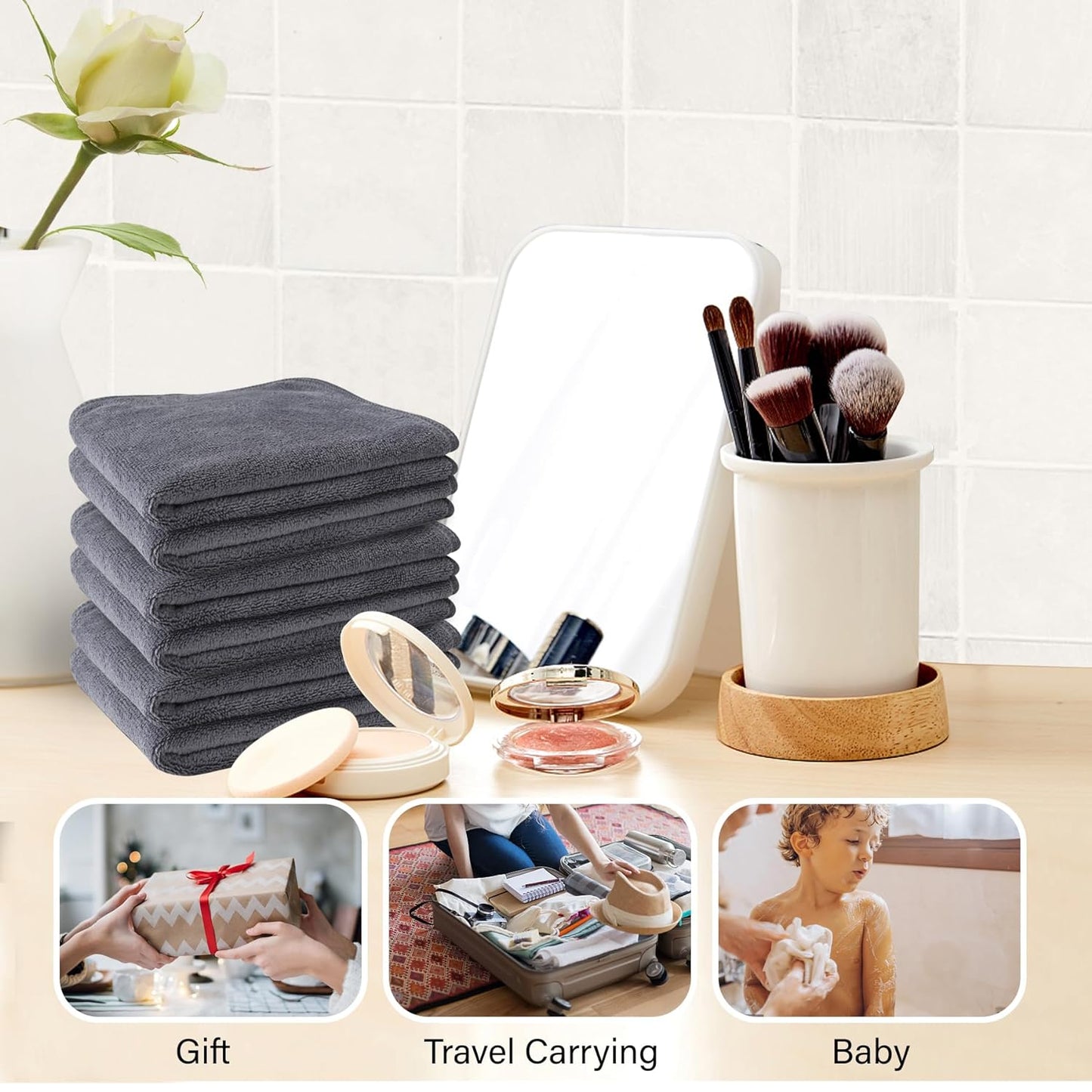 Reusable Makeup Remover Cloths - 12x12 Inch Microfiber Towels | 6 Pack Fast-Drying Grey Face Washcloths