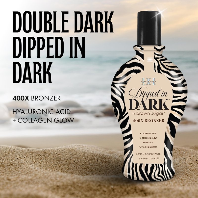 Brown Sugar Dipped in Dark Tanning Lotion, Double Dark 400X Bronzer with Hyaluronic Acid, Collagen & Tattoo Enhancers, 7.5 Fl Oz
