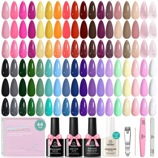 beetles Gel Polish Set Vivid Seasons - Summer Gel Nail Polish Set 36 Colors Pink Yellow Green Purple Jelly Shades 45pcs with Base & Top Coat UV LED Soak Off DIY Salon Gift for Women