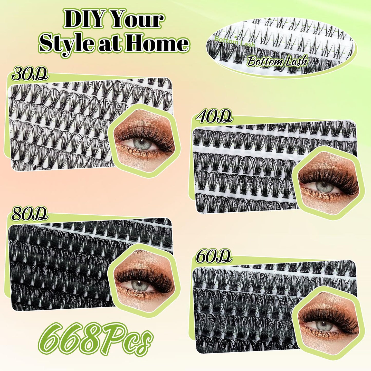 Eyelash Clusters Kit With Bottom Lashes 30+40+60+80D Lashes 668 Pcs Natural Wispy Lash Clusters Eyelash Extension Kit 5-16MM D Curl Lash with Bond and Seal Remover Tweezer for DIY at Home