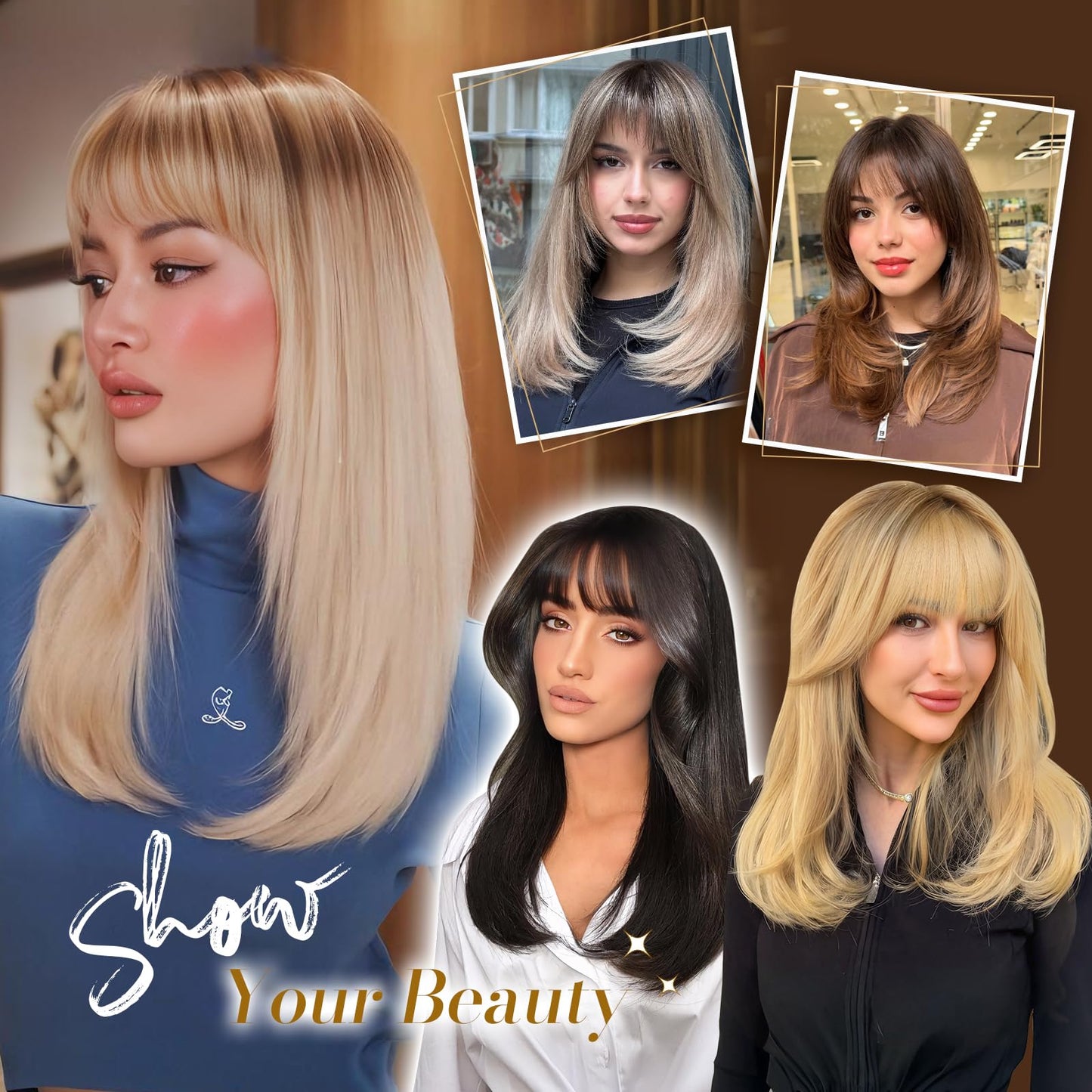 FESHFEN Long Wigs with Bangs, Synthetic Natural Looking Layered Straight Hair Wig for Women Daily Party Use 18 inch, Brown
