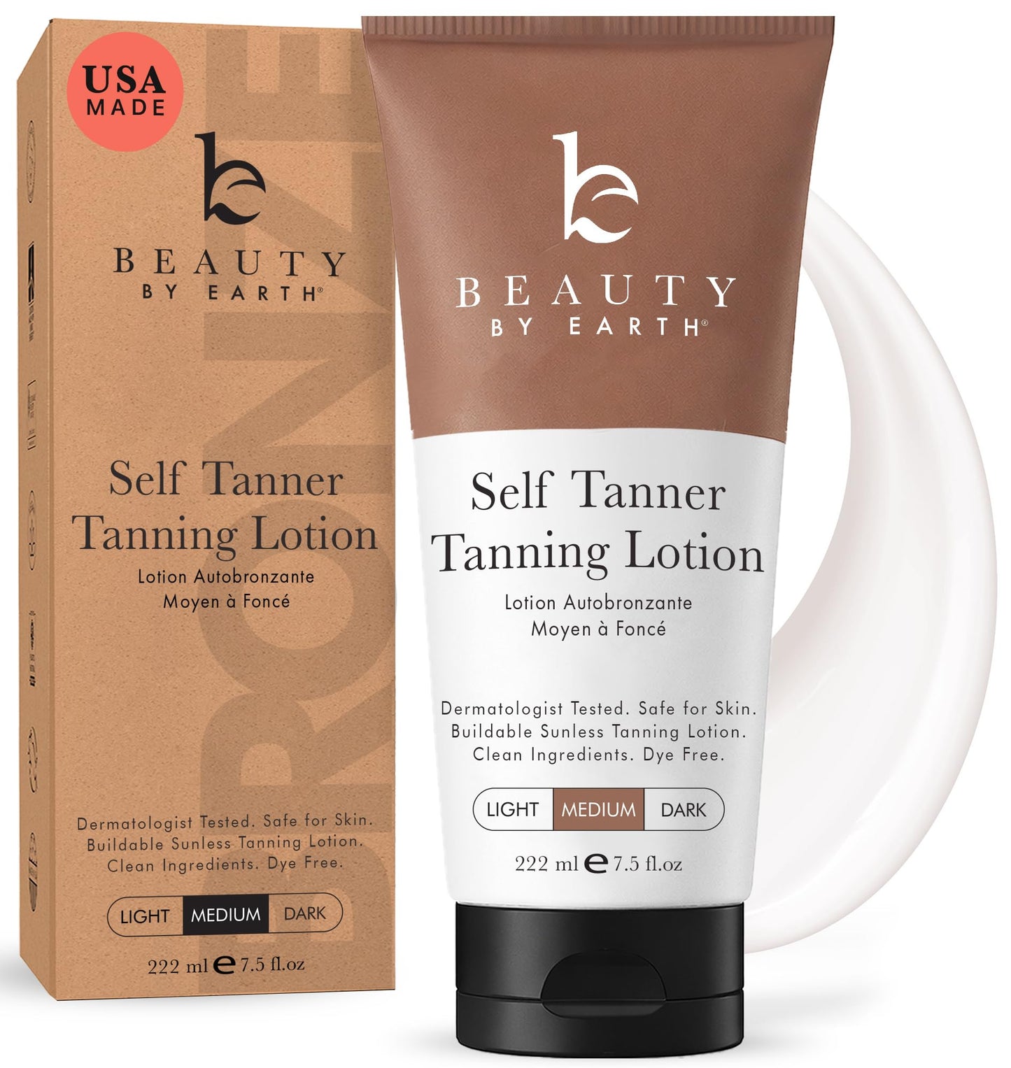 Beauty by Earth Self Tanner - USA Made with Natural & Organic Ingredients, Moisturizing Self Tanning Lotion with Aloe Vera & Coconut for a Natural Glow, Streak-Free Fake Tan (Medium)