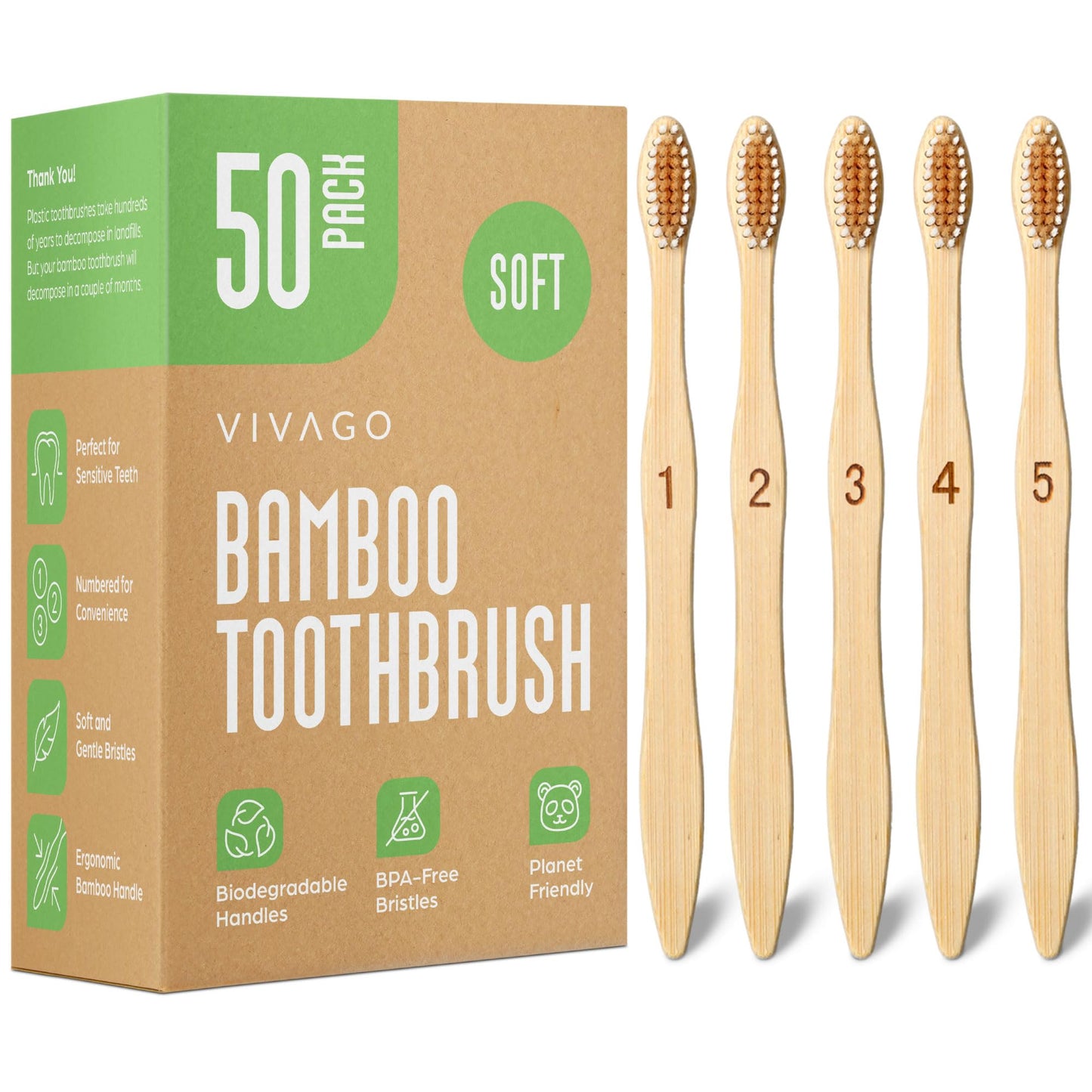 VIVAGO Bamboo Toothbrushes Bulk Soft Bristles (50 Pack) - Eco-Friendly, Natural Wooden Toothbrush