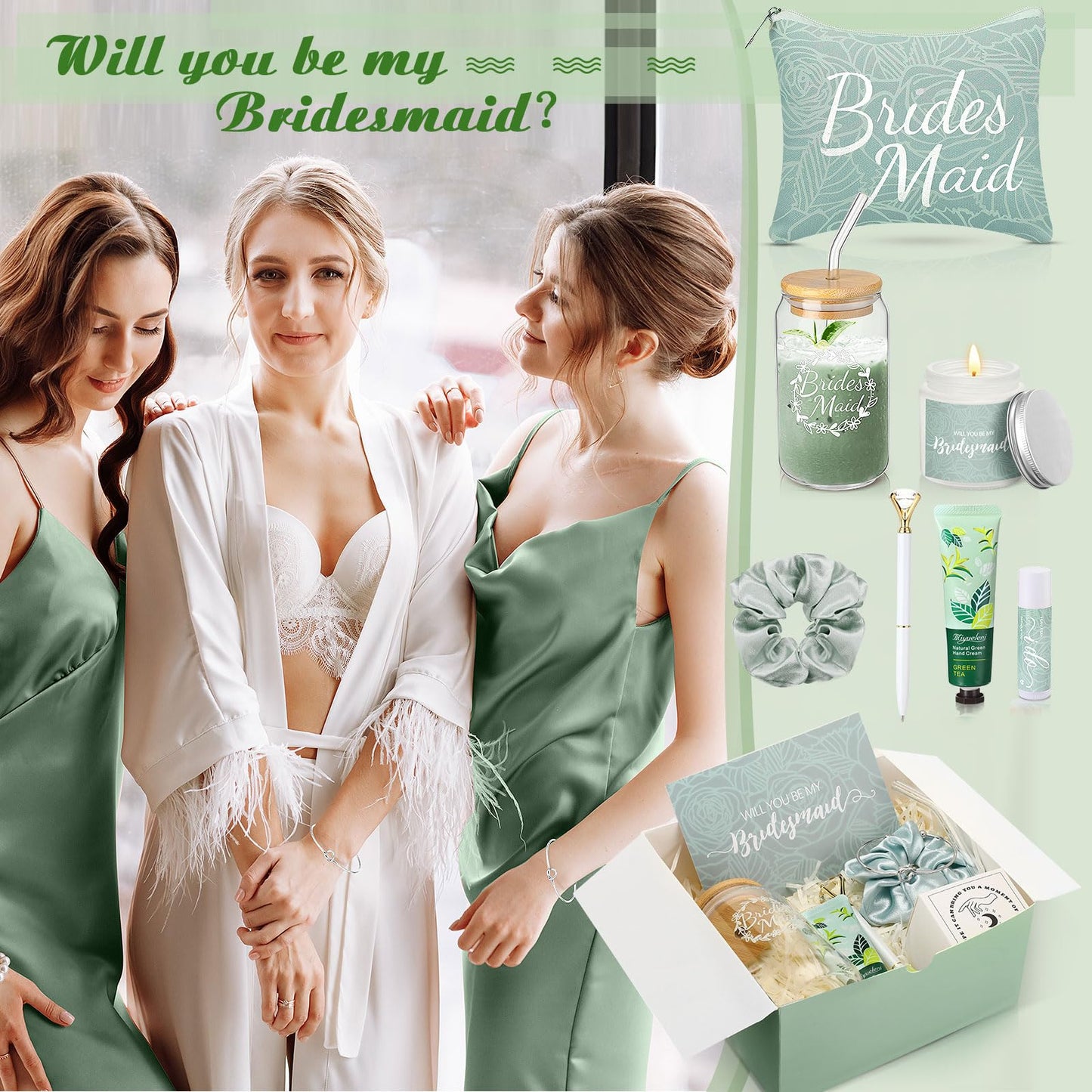 Meanplan 14 Pcs Bridesmaid Proposal Gifts Set, Will You Be My Bridesmaid Gifts with Proposal Box Glass Cup Makeup Bag Cards Lip Balm Hand Cream Candle Scrunchie Bracelet Diamond Pen for Wedding(Green)