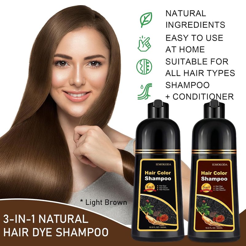 Light Brown Hair Dye Shampoo - 3-in-1 Color Treatment for Gray Coverage | Quick Natural Brown Tint