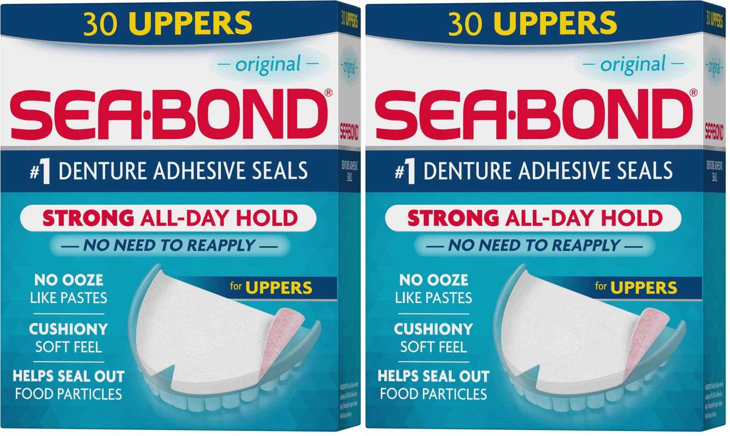 Sea Bond Secure Denture Adhesive Seals, Original Uppers, Zinc-Free, All-Day-Hold, Mess-Free, 30 Count (Pack of 2)