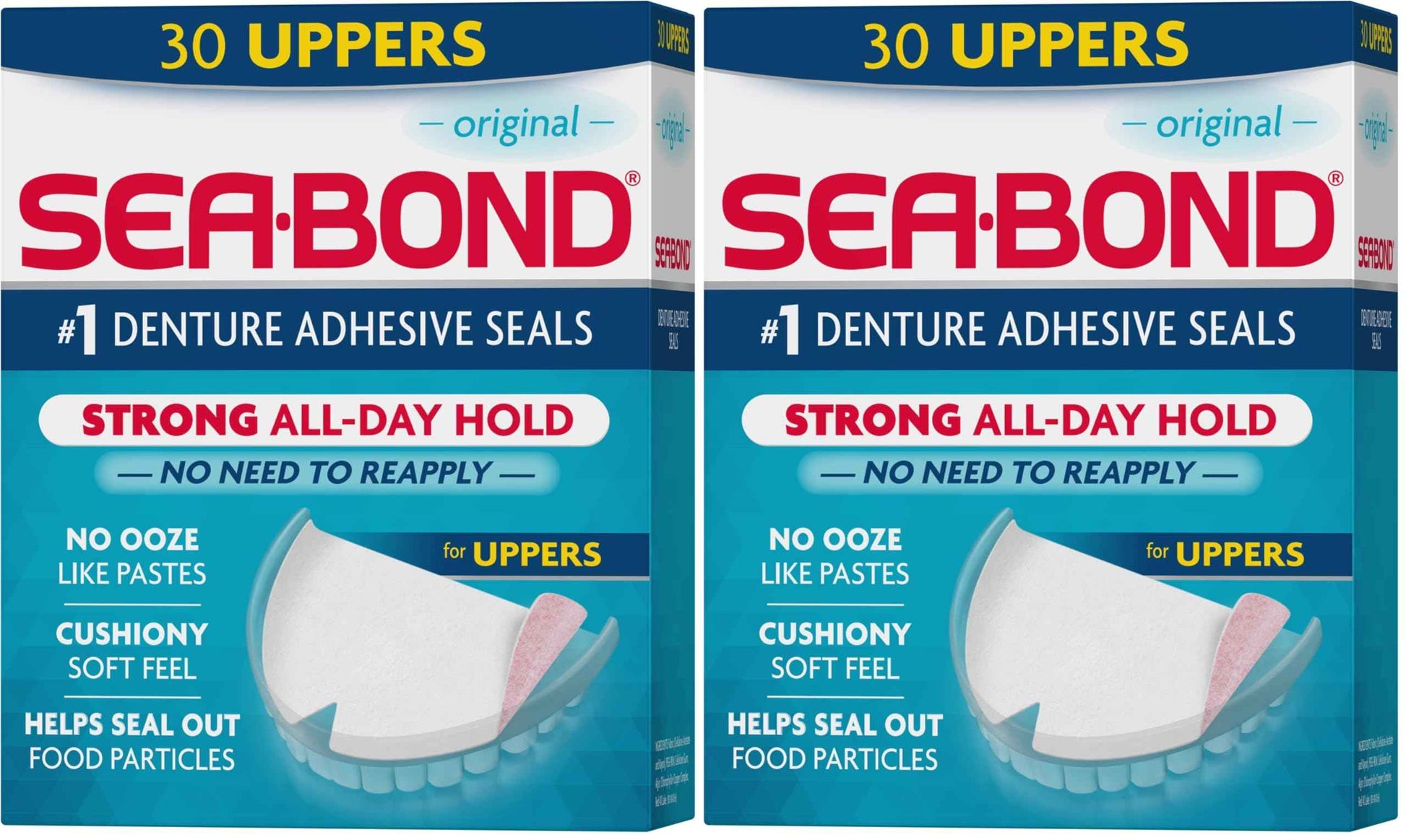 Sea Bond Secure Denture Adhesive Seals, Original Uppers, Zinc-Free, All-Day-Hold, Mess-Free, 30 Count (Pack of 2)