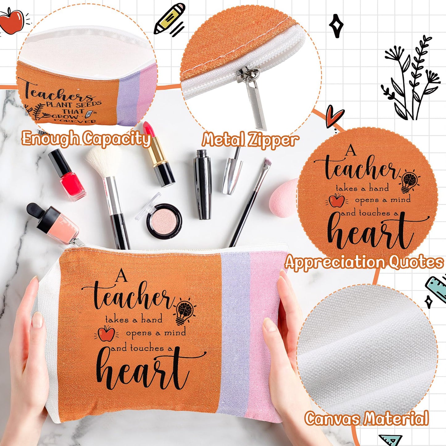 Cholemy 20 Pack Teacher Appreciation Gifts, 10 x 6 Inch Pencil Pouches with Zipper Canvas Cosmetic Pouch Travel Makeup Bag for Valentines Teacher Gift