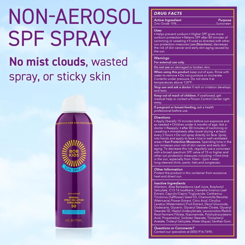 BOB KIDS SPF 50 Sun Spray, Mineral Sunscreen, Non Aerosol Continuous Spray, Water Resistant, Reef Friendly, 6 oz