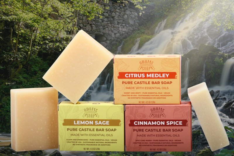 Adams Handmade Soap Variety Pack – 6 Bar Set: Unscented, Eucalyptus Spearmint, Rose, Lemon Sage, Cinnamon Spice, Citrus Medley | Vegan, Cold Process, 84% Organic, USA Made