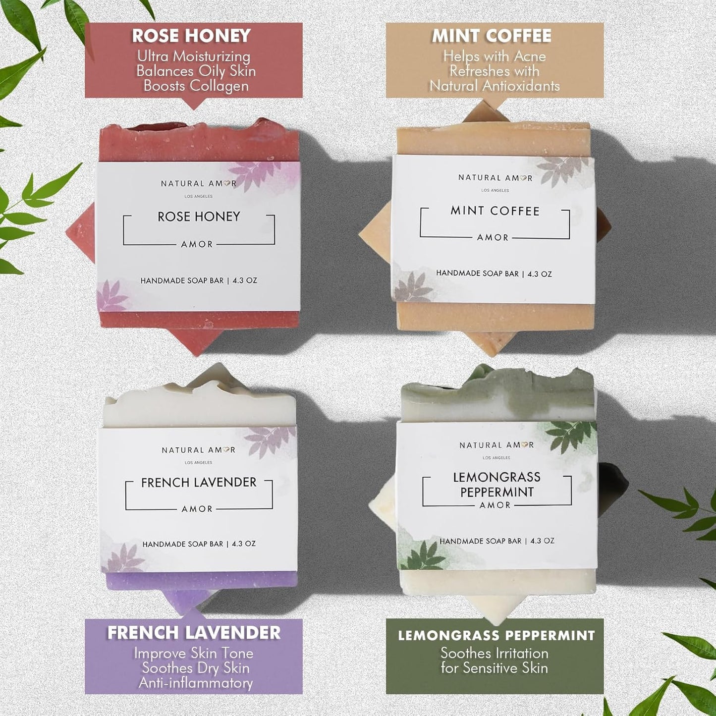Handmade Soap Bar Set - Natural Ingredients | Moisturizing Cold Process Bars for Spa Self-Care Gift (4 Pack)