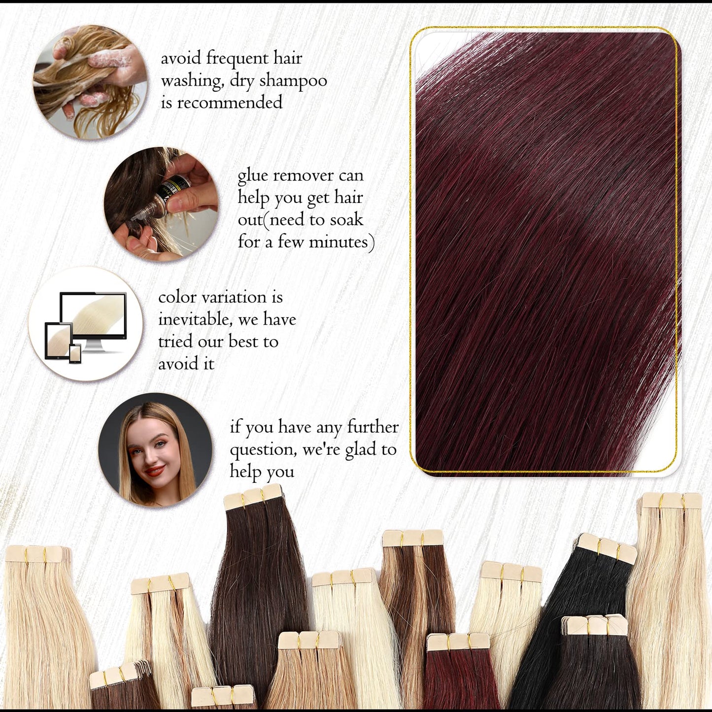 Benehair Red Tape-in Hair Extensions, 18" Human Hair, 20pcs, 50g/pack, Straight, Seamless Skin Weft, Natural, Wine Red