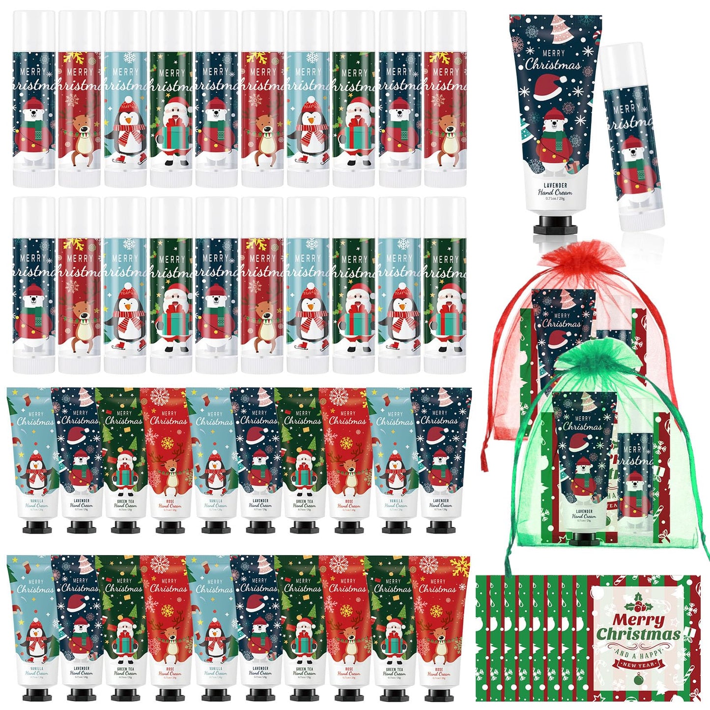 Heigble 24 Set Christmas Hand Cream Gift Set, Including Moisturizing Hand Lotion, Xmas Lip Balm, Gauze Bags, Thank You Cards Natural Fragrant Bulk Christmas Gifts for Coworkers Employees Stuffers