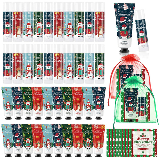 Heigble 24 Set Christmas Hand Cream Gift Set, Including Moisturizing Hand Lotion, Xmas Lip Balm, Gauze Bags, Thank You Cards Natural Fragrant Bulk Christmas Gifts for Coworkers Employees Stuffers