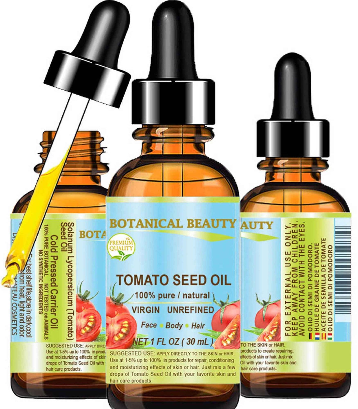 Botanical Beauty TOMATO SEED OIL 100% Pure Natural Virgin Unrefined Cold-pressed Carrier Oil for Face, Skin, Body, Hair, Lip, Nails. Rich in Vitamin E, Lycopene (1 Fl Oz)