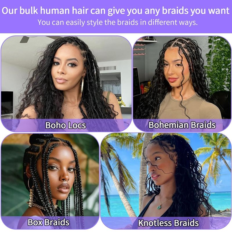 Human Braiding Hair - 14 Inch Deep Wave Bulk 3 Bundles for Boho Braids | Curly Knotless 12A Brazilian Virgin Ombre Balayage