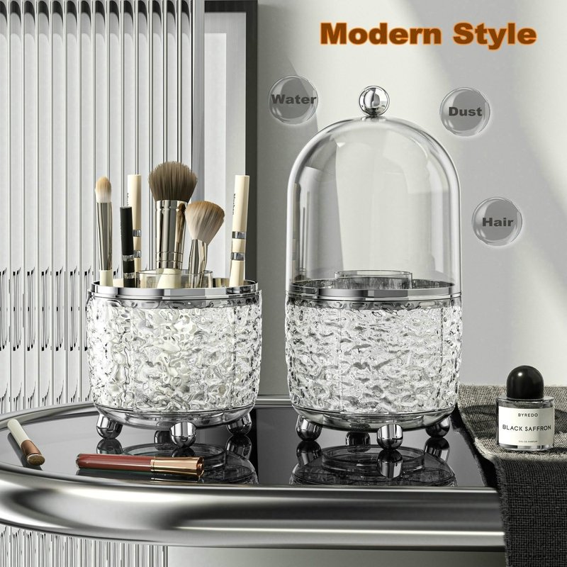 360 Rotating Makeup Brush Holder - Dustproof Spinning Organizer for Bathroom Countertop | Gray